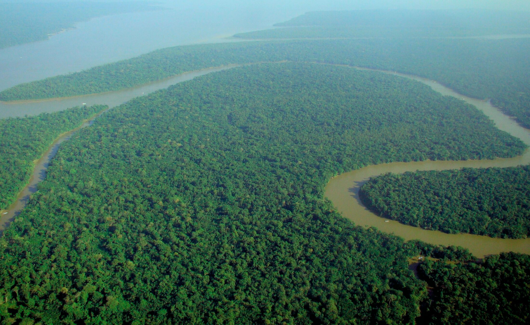 Vista aérea do rio Solimões cortando a floresta amazônica